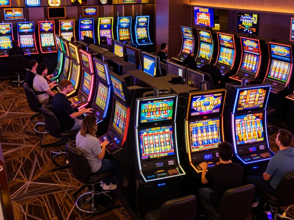 Engaging scene of players enjoying GG88 slot machines with vibrant screens and lively atmosphere.