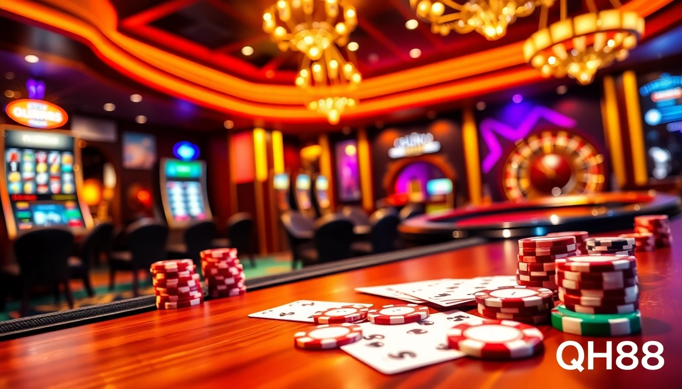 Experience the thrills of qh88 at a lively casino table with poker chips and cards.