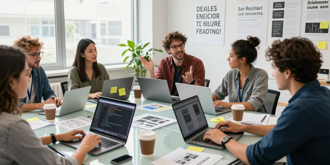 Spicy AI teamwork in a modern tech workspace, developers brainstorming ideas and coding.