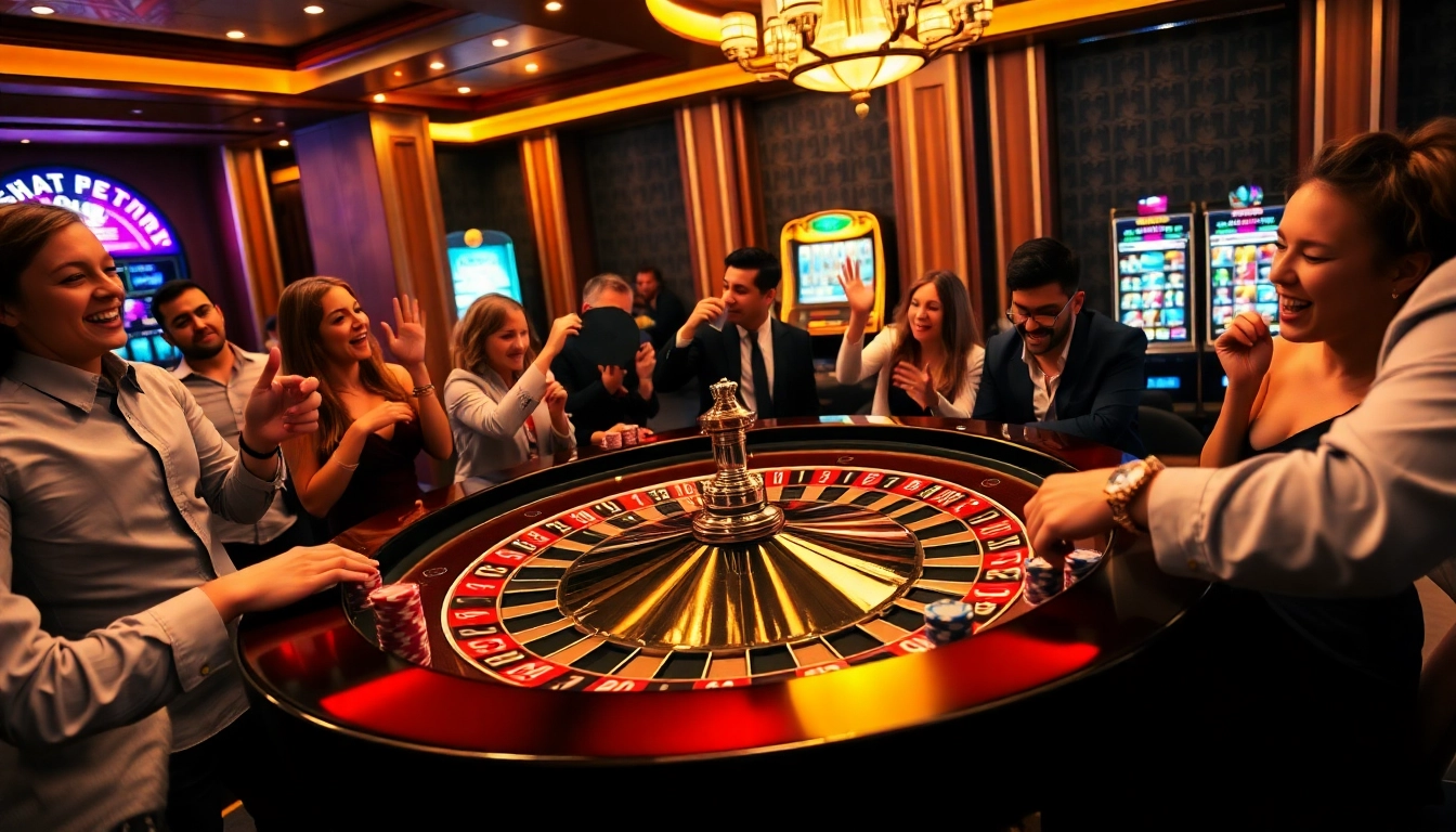 Enthusiastic gamblers enjoying a luxurious casino experience at nohu90.com with roulette and poker.