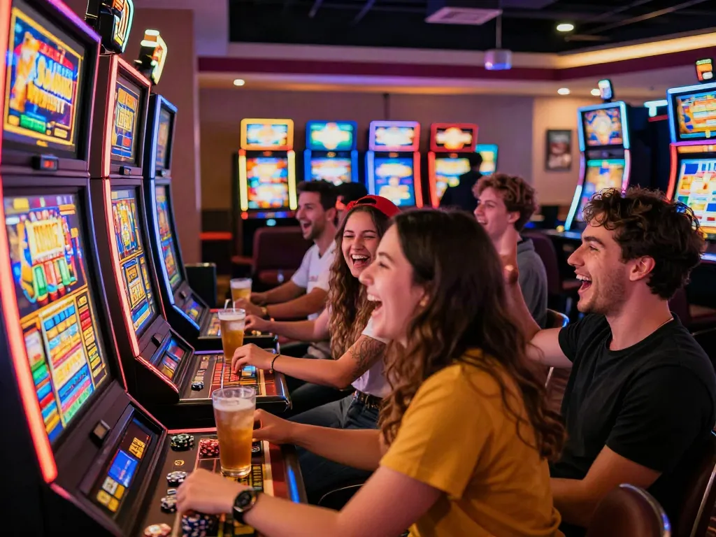 A vibrant casino scene with friends enjoying akunjp slot machines amidst neon lights and excitement.