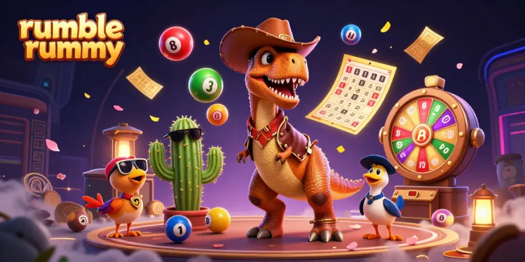 Engage in the excitement of Rumble Rummy with a vibrant casino-themed illustration showcasing dynamic characters and elements.