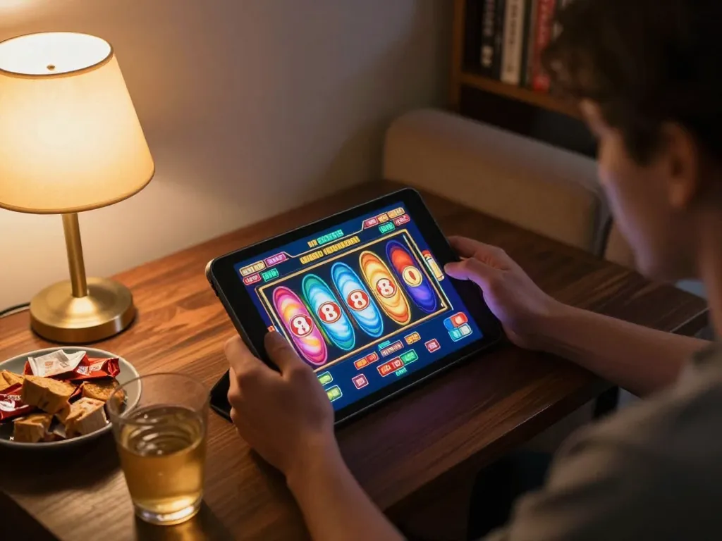 Playing slot88 on a tablet screen with colorful spinning reels and cozy gaming atmosphere.