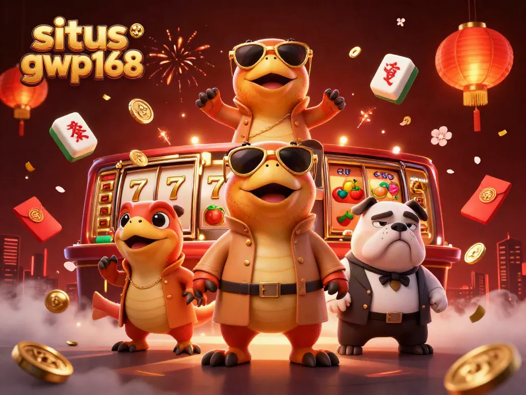 Visualisasi situs gwp168 dengan raptor dan bulldog yang menjaga pintu kasino mewah.