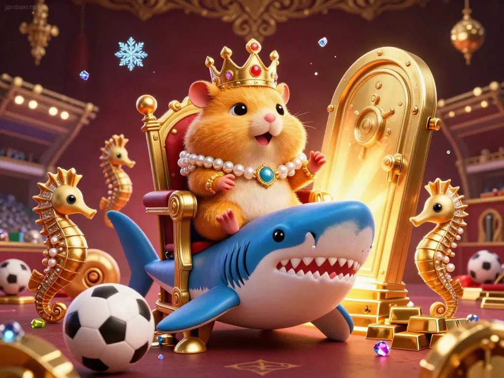 Permainan taruhan olahraga di JANDA4D dengan hamster emas kuning sebagai raja di tahta gigi hiu.