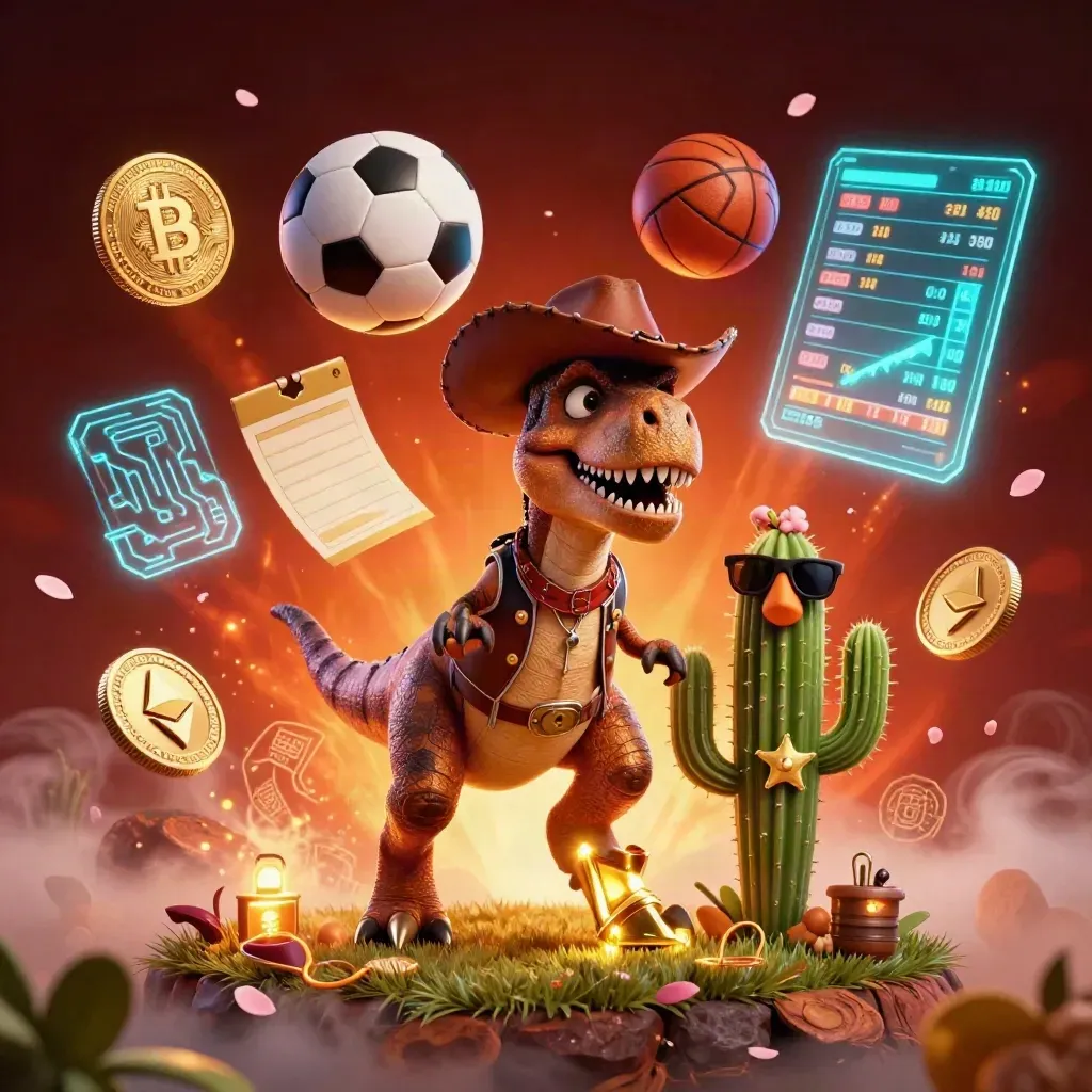Cowboy T-Rex, cactus and roadrunner in a neon sports-casino burst with balls and coins