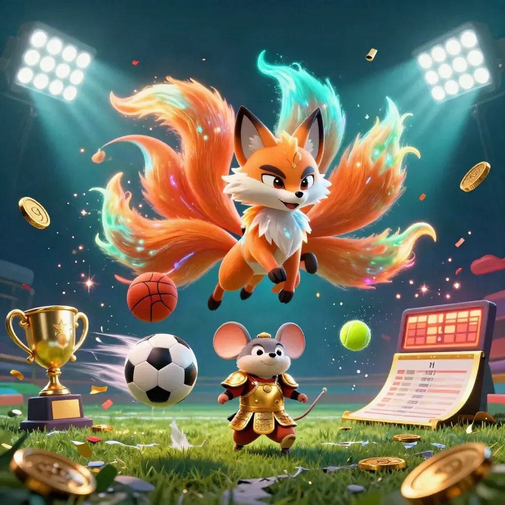 Neon fox spirit and armored mouse amid flying sports balls, coins, trophy, and stadium lights.