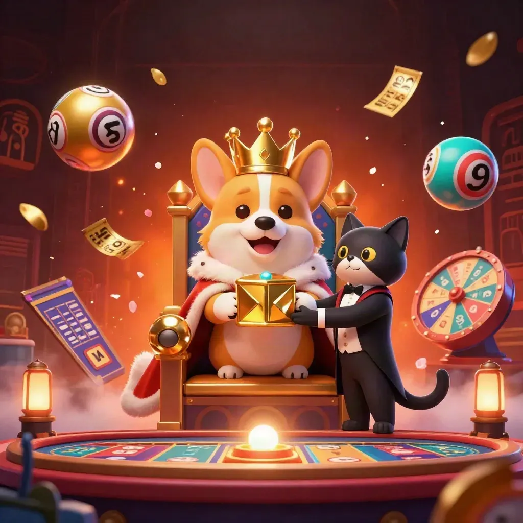 Royal corgi and cat butler amid casino magic, lottery balls, wheel, cards, and glowing lights.