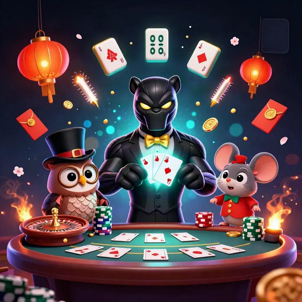 Panther, owl, and mouse in a glossy casino key art scene with cards, chips, lanterns, and spinning roulette.