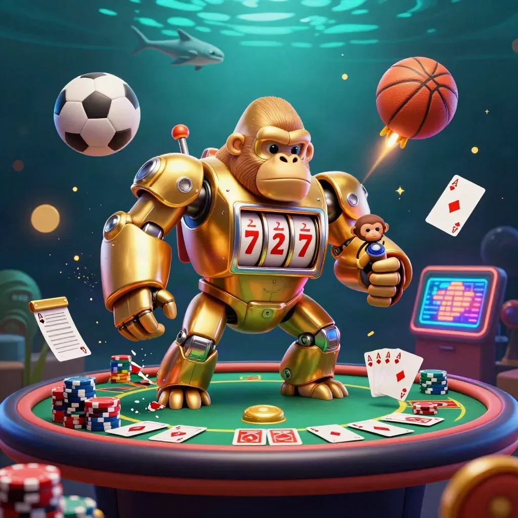 Golden slot-mech gorilla with monkey pilot, soccer ball, basketball, chips and cards in teal haze.