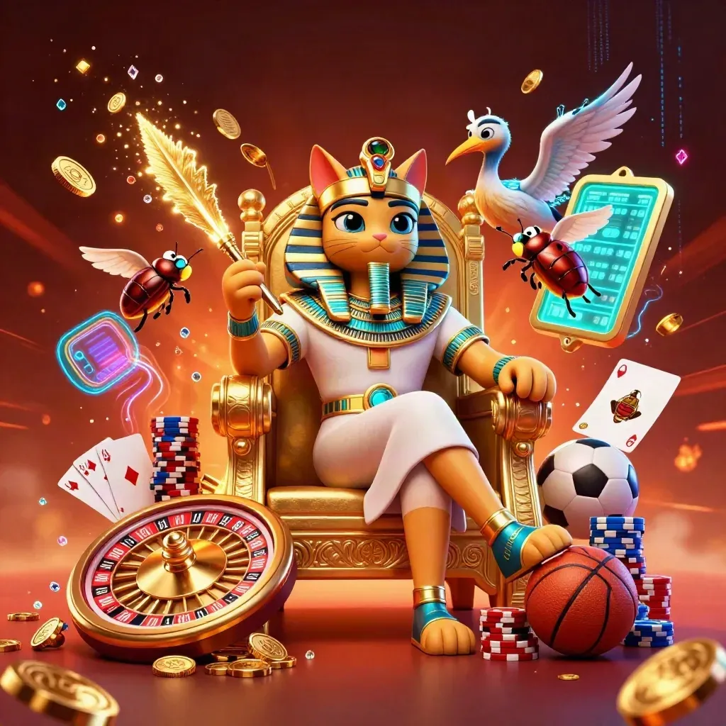Pharaoh cat, ibis, and scarabs amid casino chips, cards, coins, and neon energy