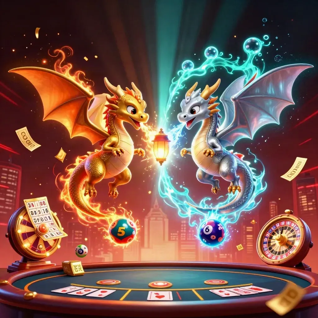 Twin dragons orbit a glowing casino scene with roulette, lottery balls, and gold light.