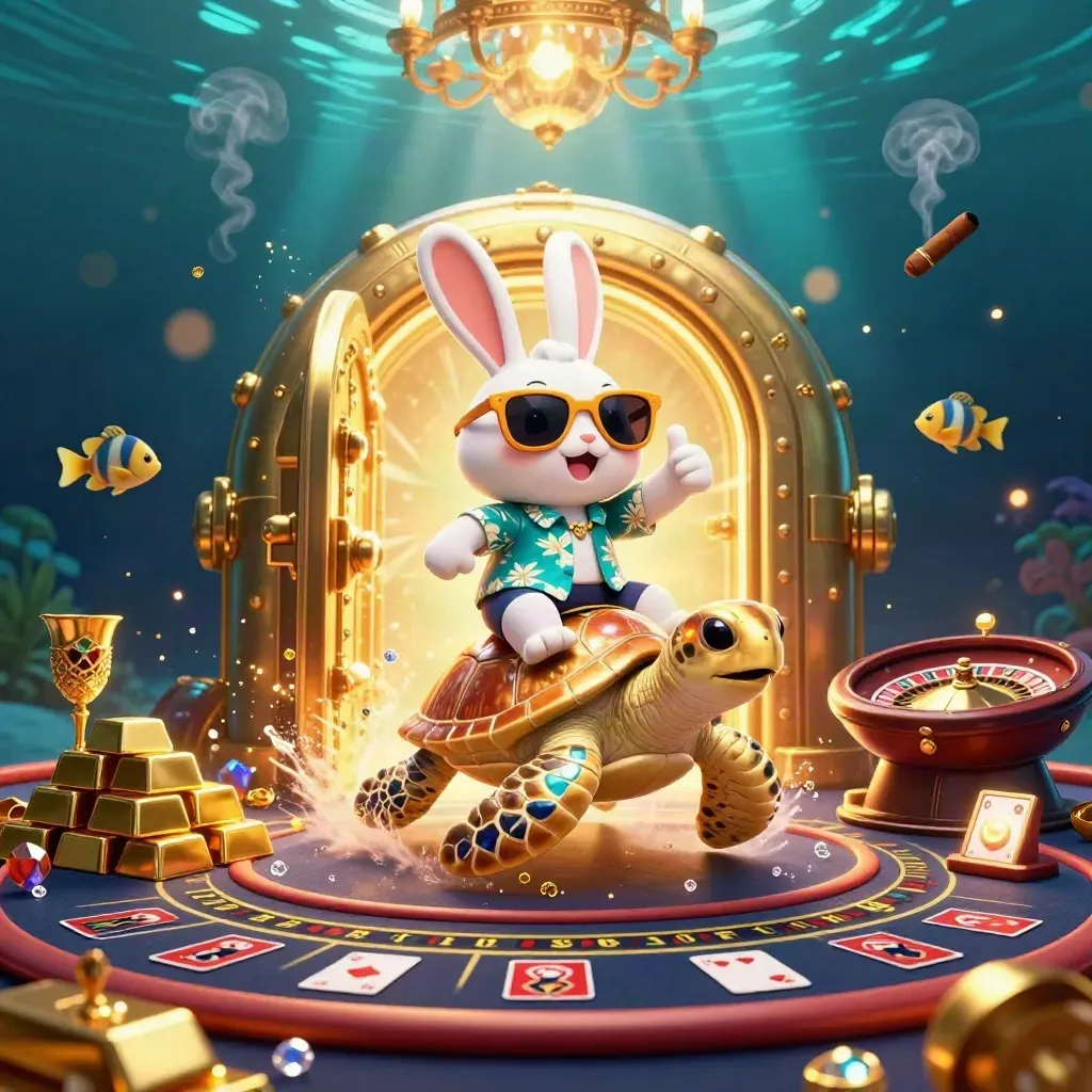 Lucky rabbit rides a golden sea turtle through a glowing underwater casino vault.