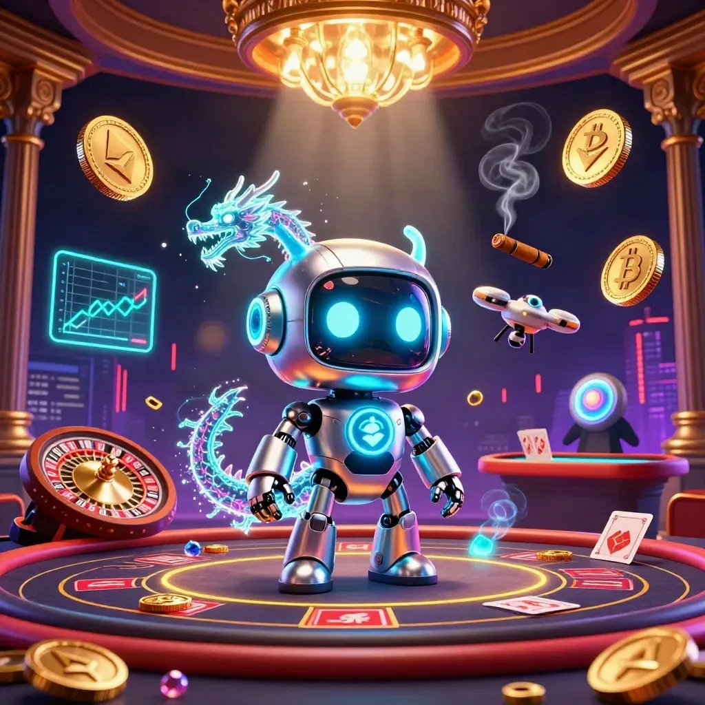 Cyberpunk robot, holographic dragon, and coin drone in a neon casino scene