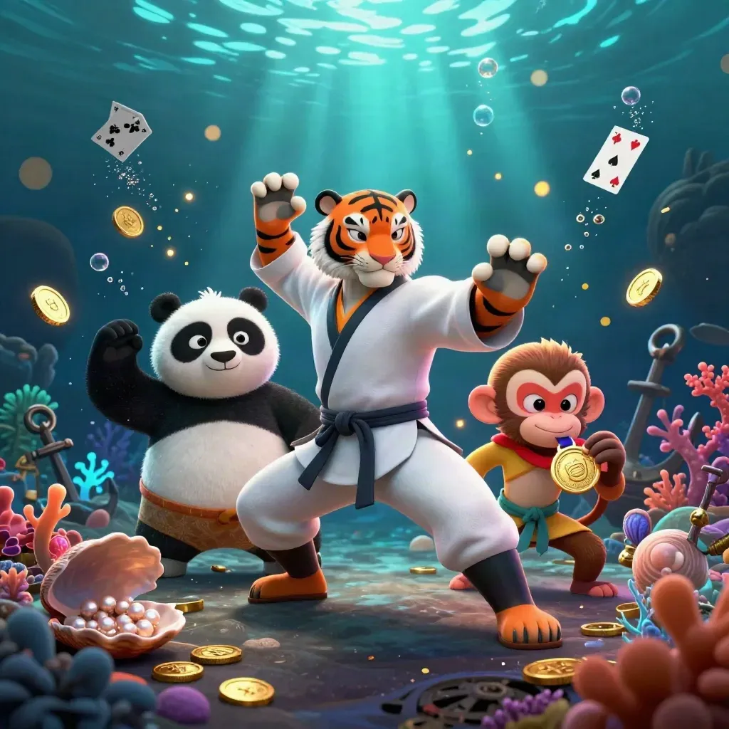 Tiger, panda, and monkey in an underwater treasure cove amid gold coins and neon orange light.