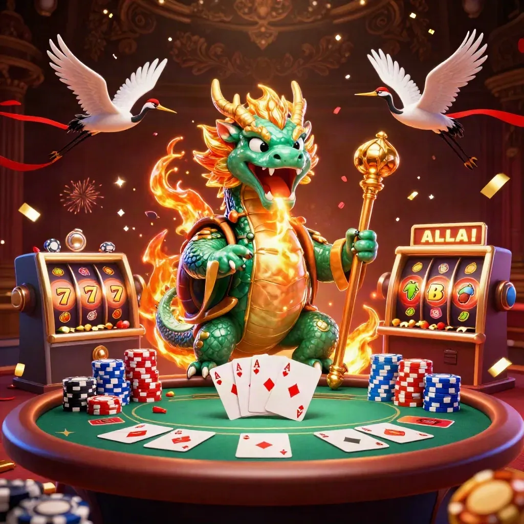 Emerald dragon, turtle sage, and cranes amid casino gold, chips, cards, fireworks, and neon fire.
