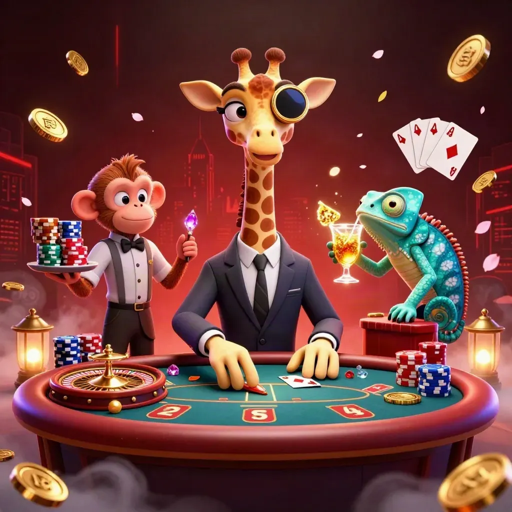 Giraffe, monkey, and chameleon in a neon casino burst with coins, gems, and chips.