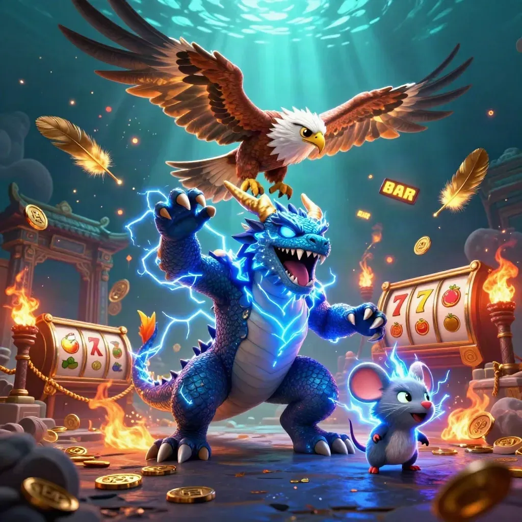 Thunder dragon, wind hawk, and static mouse amid casino relics under teal underwater light.