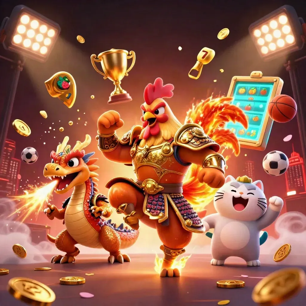 Rooster warrior, dragon hatchling, and fortune cat burst amid coins, sports balls, and neon runes.