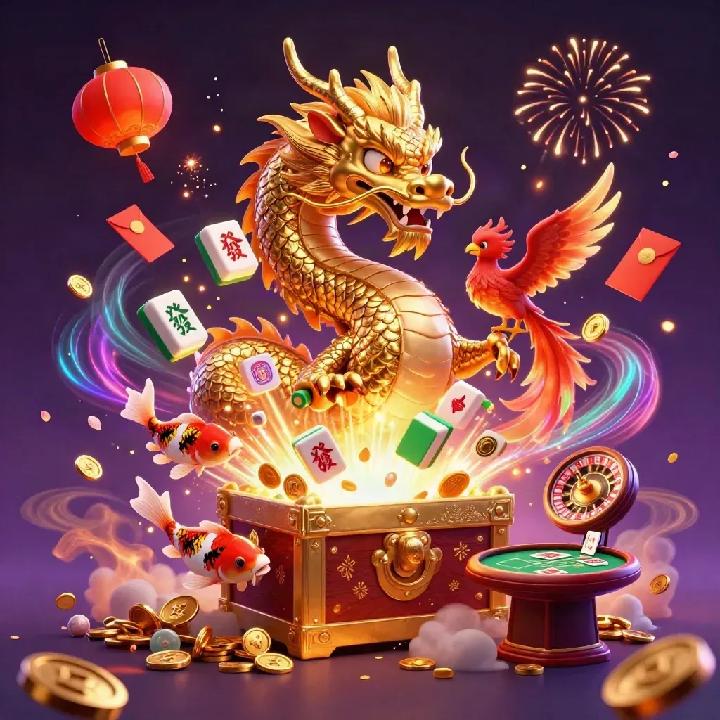 Golden dragon, phoenix, koi, coins, lanterns, fireworks, and casino tables in a flashy celebration scene.