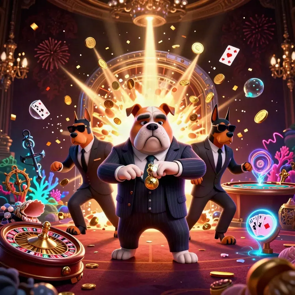 Cartoon bulldog boss with two Dobermans amid coins, coral, fireworks, and casino gear
