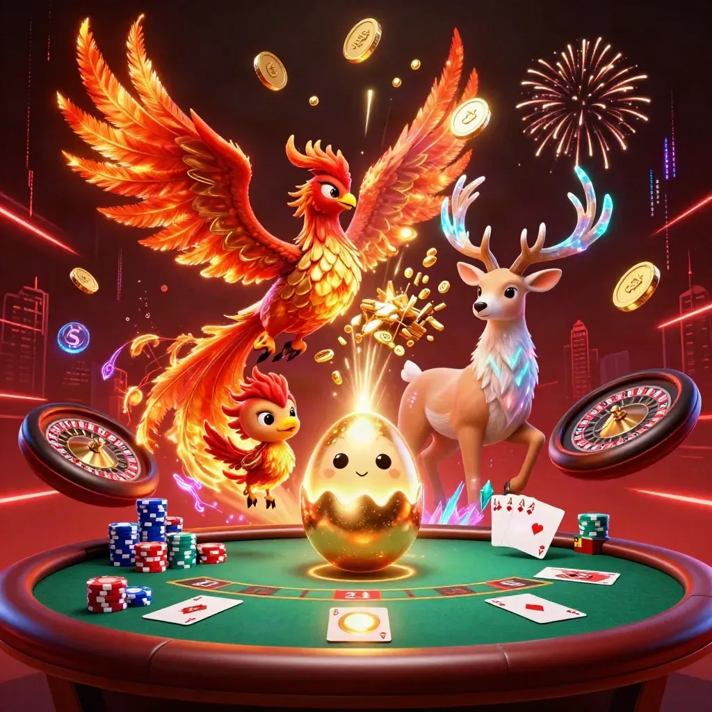 Fire phoenix, baby phoenix, and crystal stag amid coins, cards, chips, and casino lights