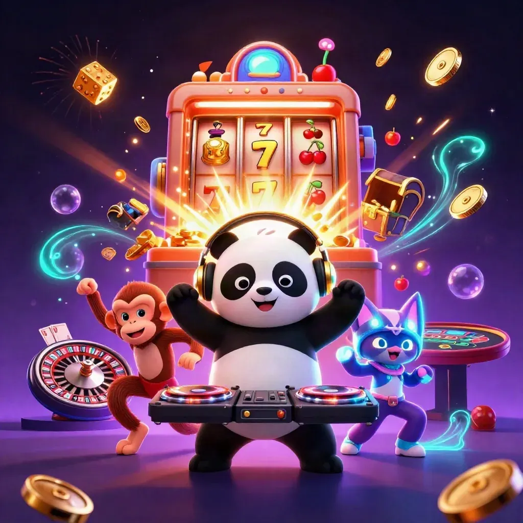 DJ panda, dancing monkey, and glow-stick kitten amid coins, slots, cards, and fireworks in neon casino glow.