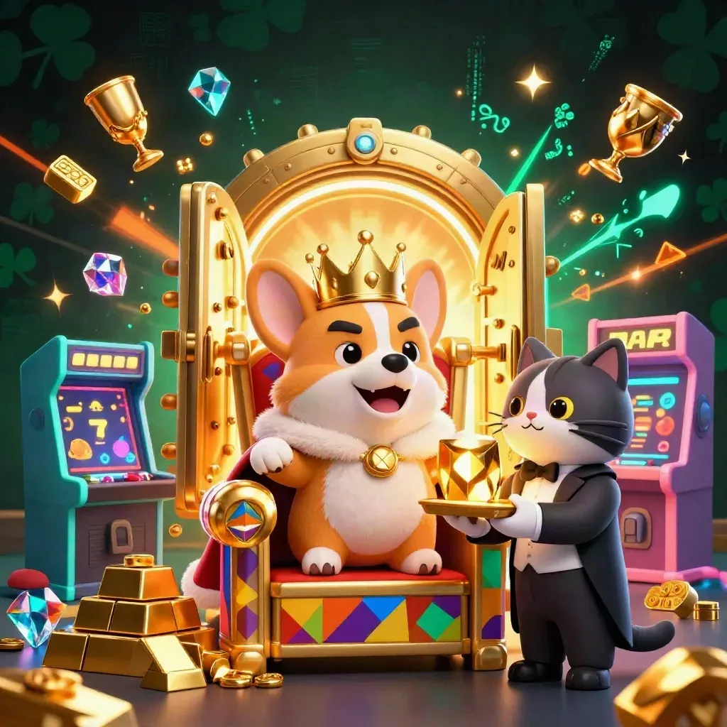Royal corgi and cat butler amid vault gold, reels, gems, and neon casino effects