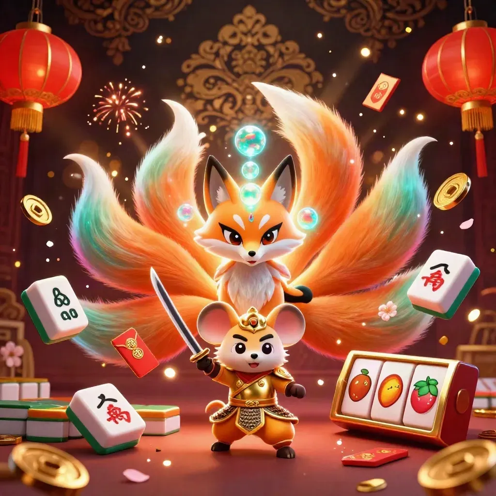 Neon fox spirit and samurai mouse amid casino charms in a dark luxe glow.