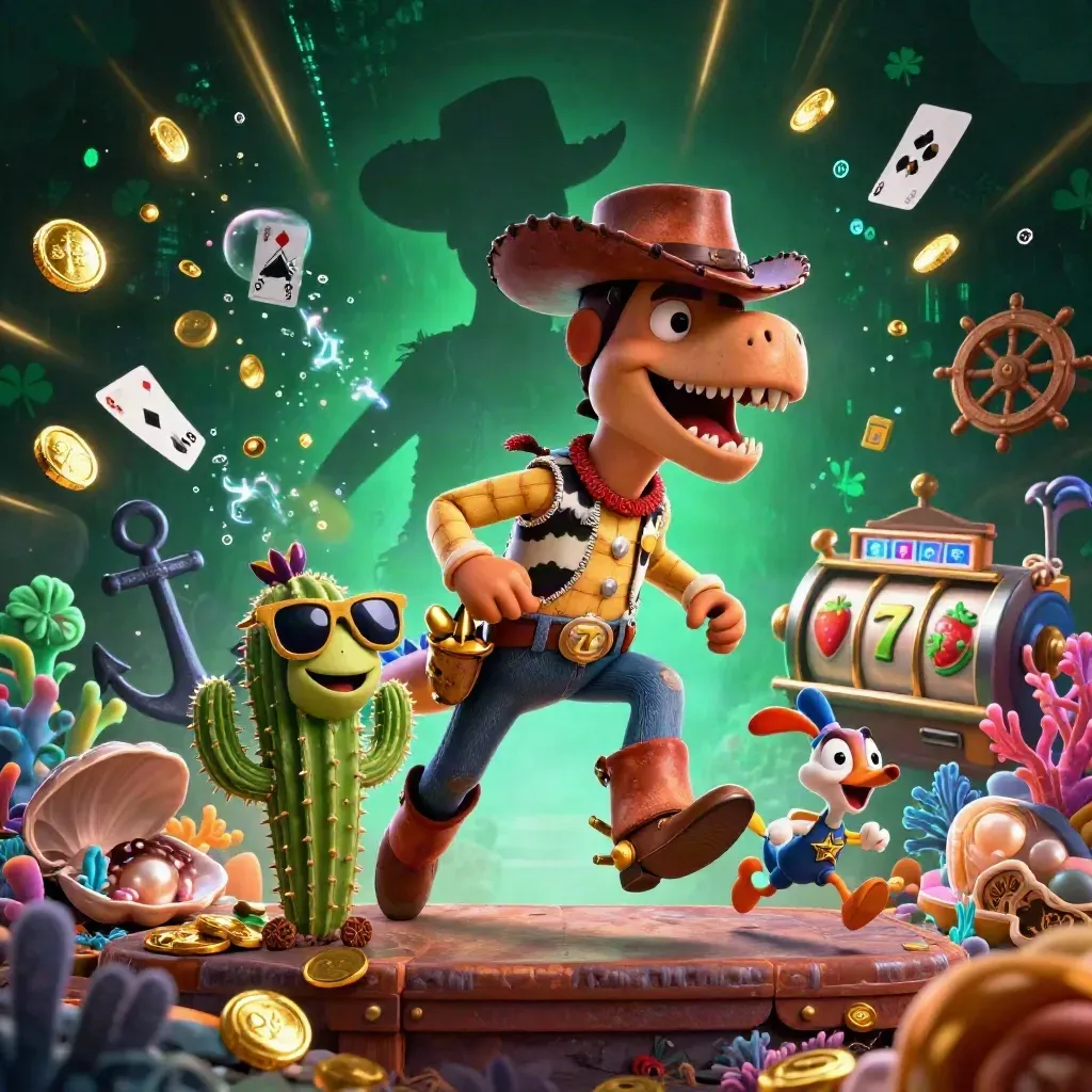 Cowboy T-Rex, cactus sidekick, and sheriff roadrunner in a neon treasure cove.