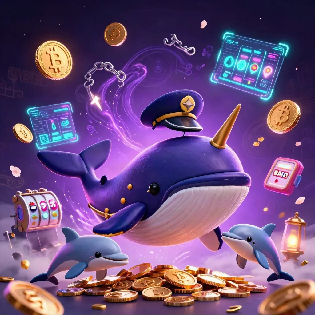 Whale captain, narwhal, and dolphins burst through coins with neon casino effects.