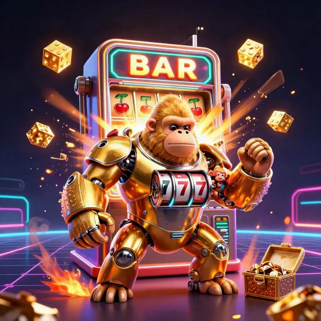 Golden slot-mech gorilla with tiny pilot, bursting casino symbols and neon rays.