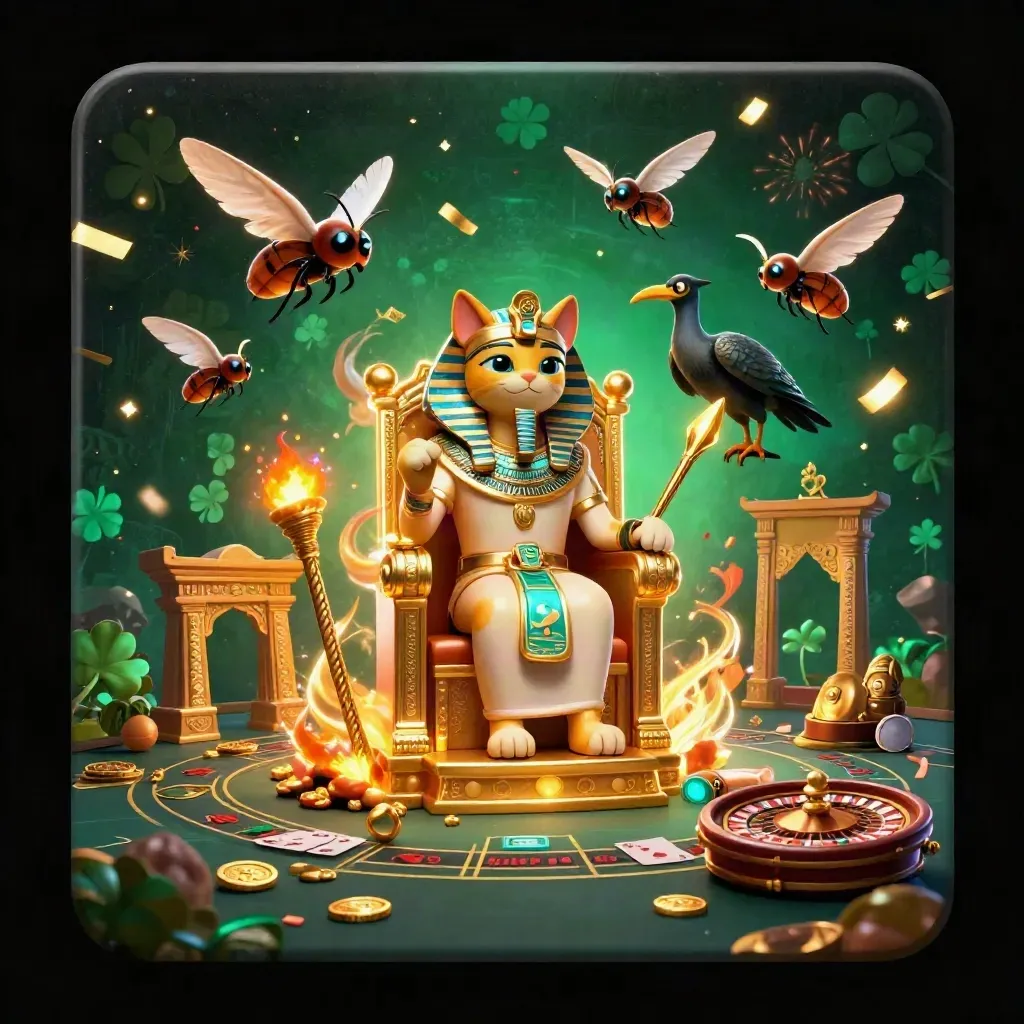 Pharaoh cat, ibis scribe, and gem-wing scarabs amid casino and temple loot.