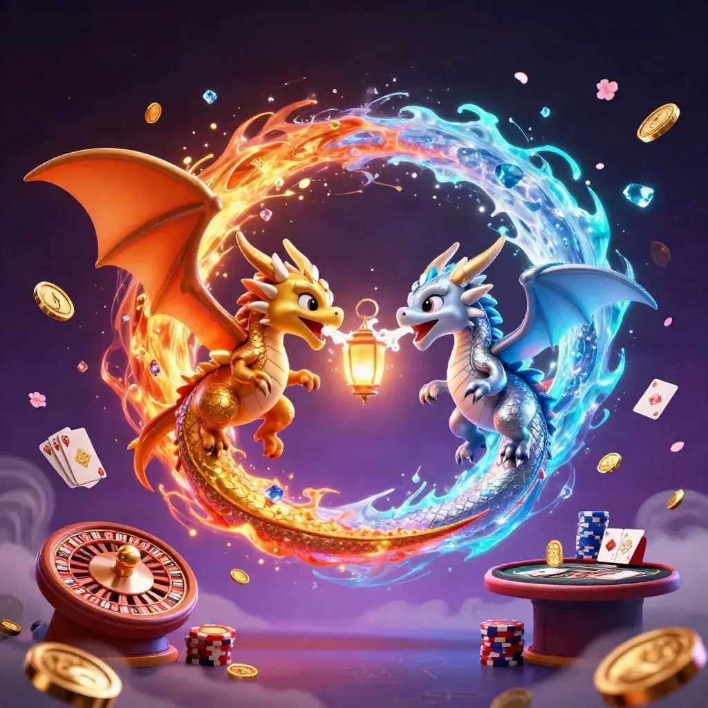 Gold and silver dragons spiral around a lantern spirit amid coins, cards, chips, and neon casino magic.