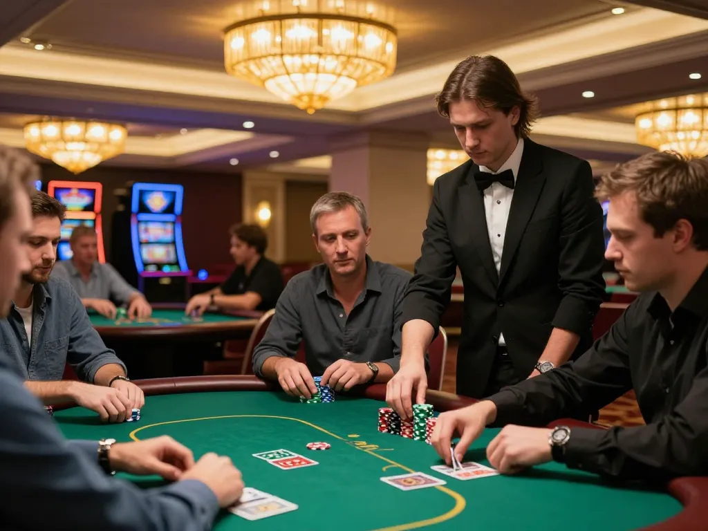 Players evaluating hands at a sunwin20 poker table in a vibrant casino atmosphere.