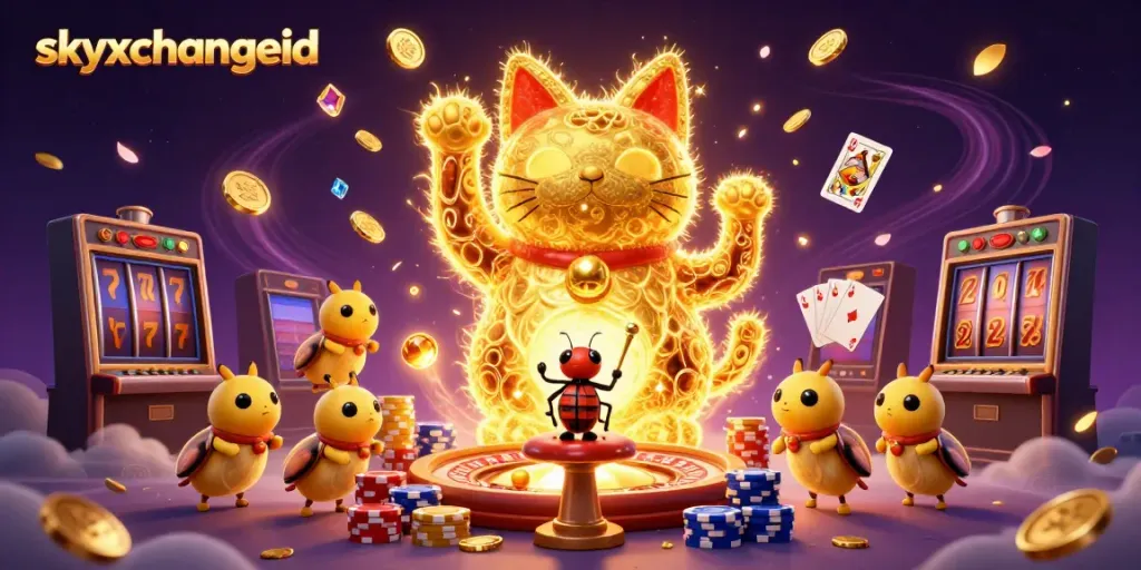 Bet on your favorite games with skyxchangeid in a dynamic and colorful casino-themed illustration.