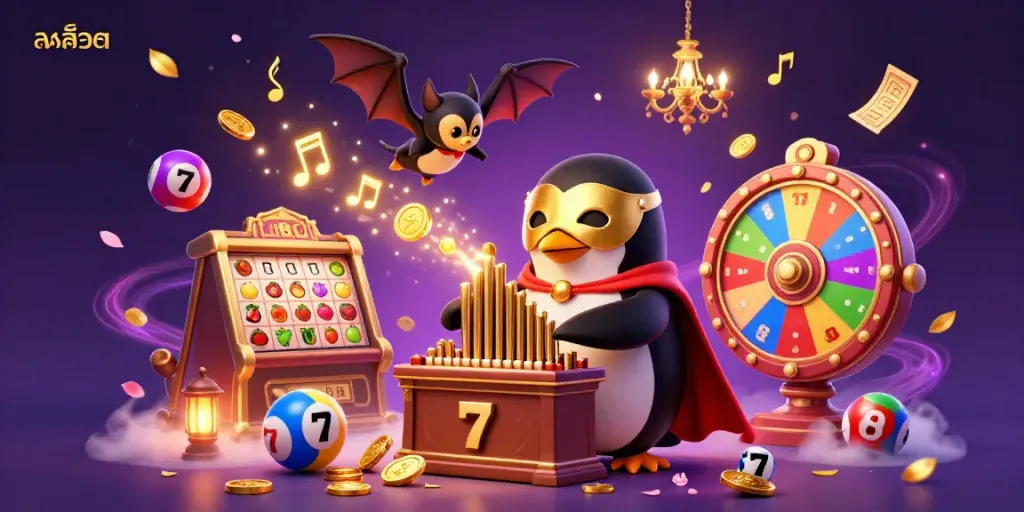 Engaging illustration featuring a penguin playing an organ that shoots coins, with dynamic casino elements like slots and lottery balls for สล็อต players.