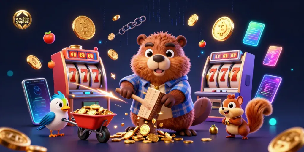 Gambarkan situs gwp168 dengan ilustrasi kartun 3D hewan dan elemen slot.