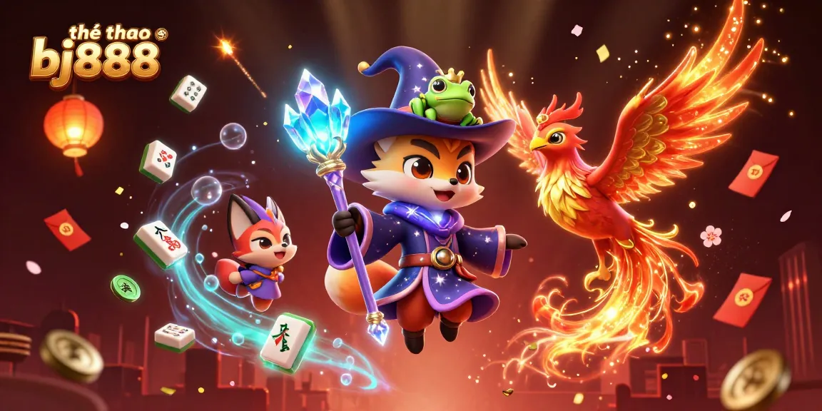 Experience the excitement of thể thao bj888 with a mystical wizard fox and phoenix in an enchanting casino scene.