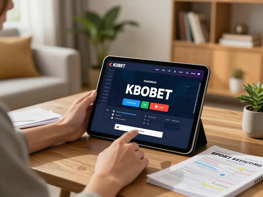 편안한 거실 환경에서 태블릿으로 설정된 KBOBET 스포츠 베팅 게임.