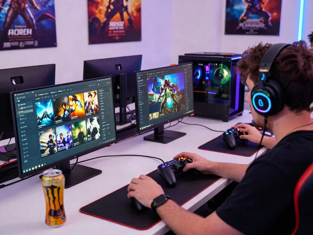 A80 online gaming setup with player focused on vibrant screens, showcasing gaming excitement.