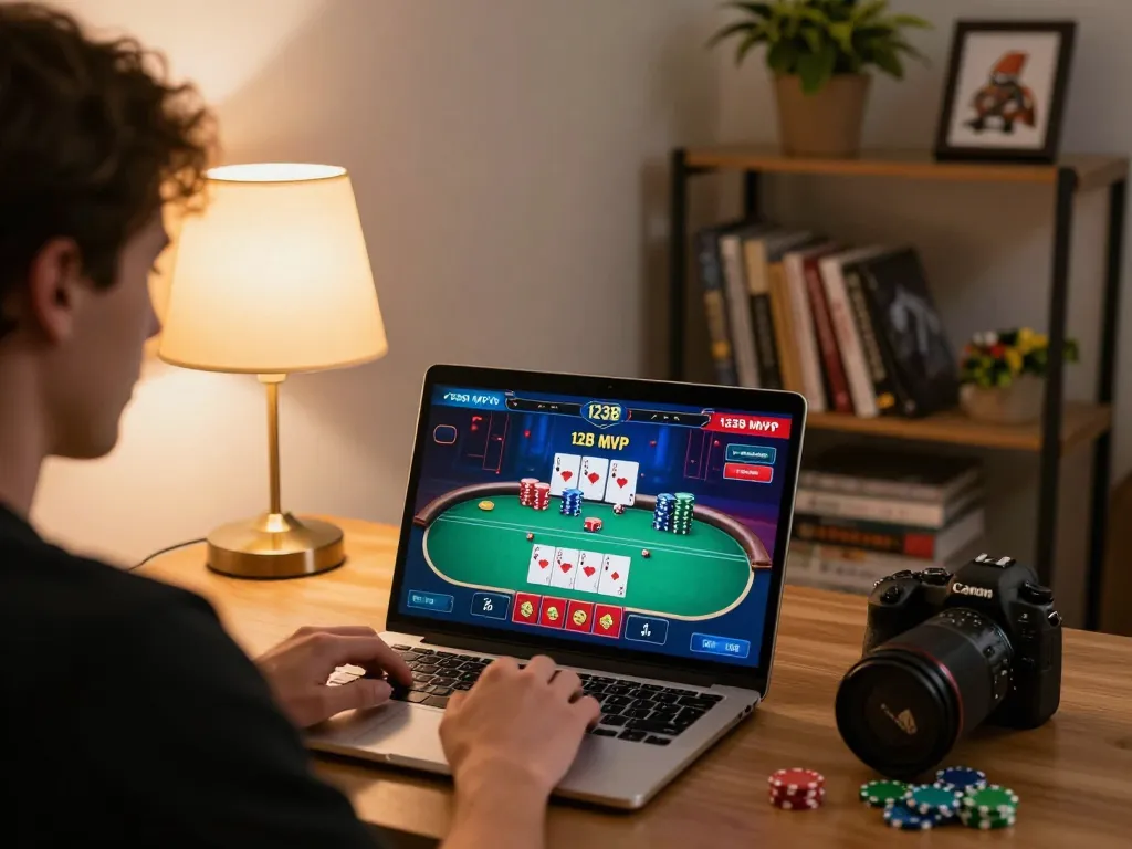 Player engaged in online poker on 123B MVP, demonstrating strategic gaming actions in a cozy atmosphere.
