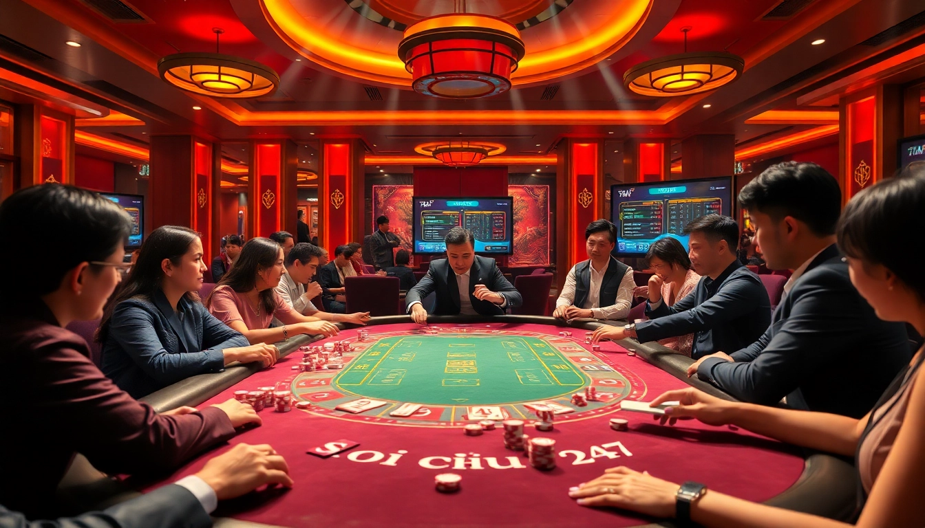 Enthusiastic players engaging in a lively casino scene centered on soi cầu 247, with poker chips and cards enhancing the thrill.