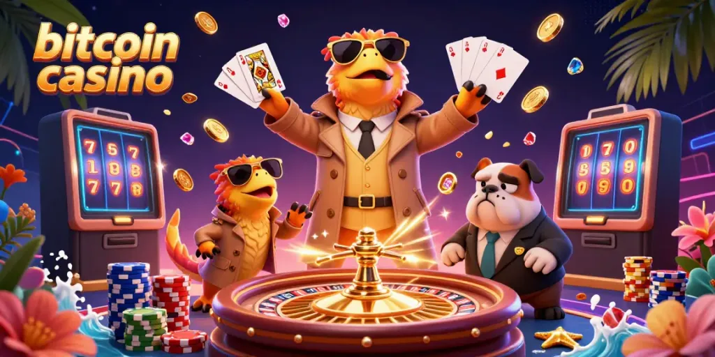 Experience the thrill at a bitcoin casino with animated raptors entering a VIP lounge surrounded by dynamic game elements.