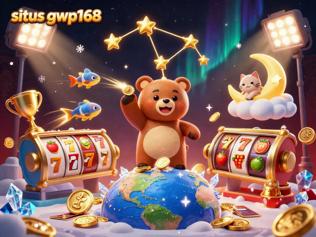 Permainan kasino situs gwp168 dengan beruang bintang dan simbol slot yang bersinar untuk memikat pemain.