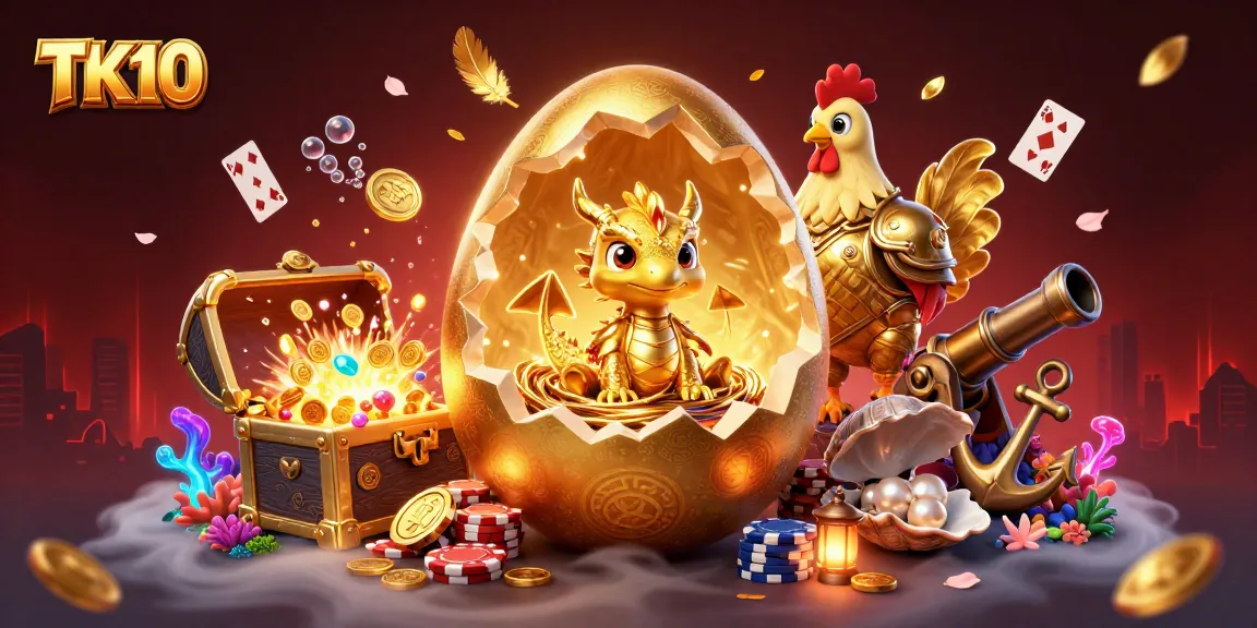 Experience excitement with TK10 as a golden dragon emerges from a treasure nest, surrounded by vibrant casino elements.