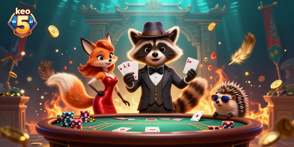 Experience dynamic betting excitement with keo nha cai 5 featuring charming characters in a vibrant casino scene.