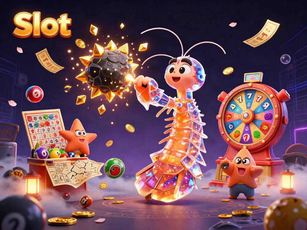 Slot simbol keberuntungan dalam ilustrasi 3D, lingkungan kasino yang dinamis.