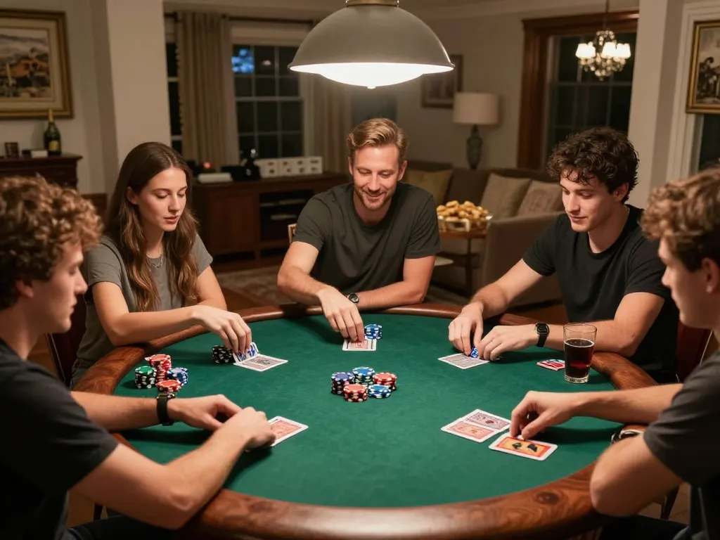 Nohu90 poker night with friends enjoying Texas Hold'em, strategizing and socializing.