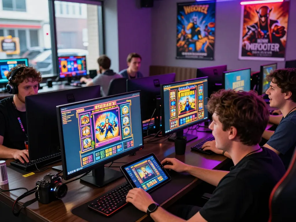 Excited players enjoying digital slot games at Barcaslot, enhancing engagement and community atmosphere.